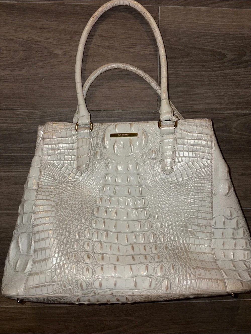 Brahmin Cream Croc-Embossed Leather Satchel